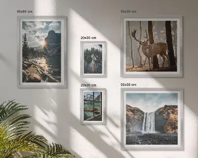Modernes Wandbilder-Set mit Motiven aus Landschaften, Natur, Wasserfällen und Fauna