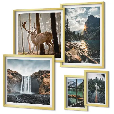 Modernes Wandbilder-Set mit Motiven aus Landschaften, Natur, Wasserfällen und Fauna