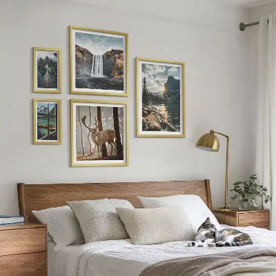 Modernes Wandbilder-Set mit Motiven aus Landschaften, Natur, Wasserfällen und Fauna
