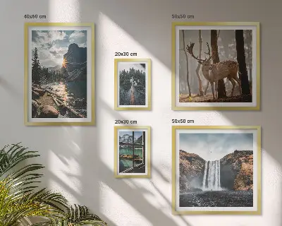 Modernes Wandbilder-Set mit Motiven aus Landschaften, Natur, Wasserfällen und Fauna