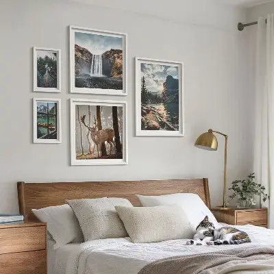 Modernes Wandbilder-Set mit Motiven aus Landschaften, Natur, Wasserfällen und Fauna