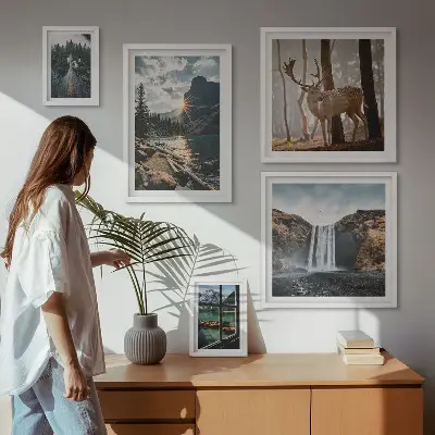 Modernes Wandbilder-Set mit Motiven aus Landschaften, Natur, Wasserfällen und Fauna