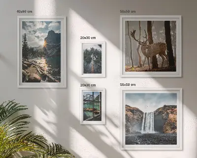 Modernes Wandbilder-Set mit Motiven aus Landschaften, Natur, Wasserfällen und Fauna