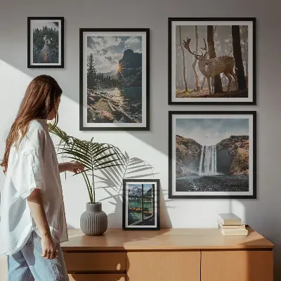 Modernes Wandbilder-Set mit Motiven aus Landschaften, Natur, Wasserfällen und Fauna