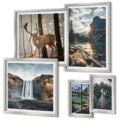 Modernes Wandbilder-Set mit Motiven aus Landschaften, Natur, Wasserfällen und Fauna