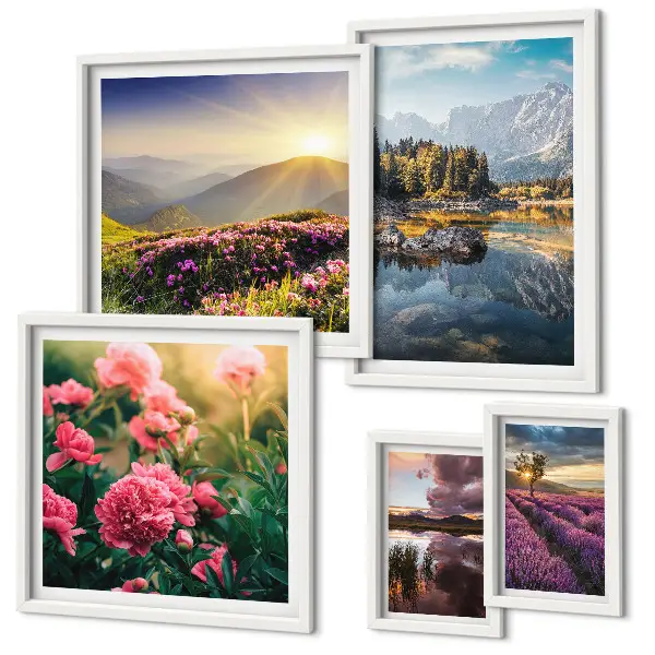 Modernes Wandbilder-Set mit Motiven aus Landschaften, Natur, Blumen und Bergen