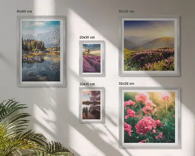 Modernes Wandbilder-Set mit Motiven aus Landschaften, Natur, Blumen und Bergen