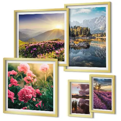 Modernes Wandbilder-Set mit Motiven aus Landschaften, Natur, Blumen und Bergen