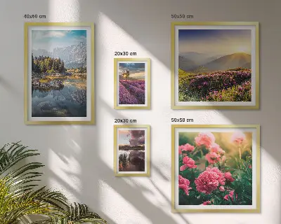 Modernes Wandbilder-Set mit Motiven aus Landschaften, Natur, Blumen und Bergen