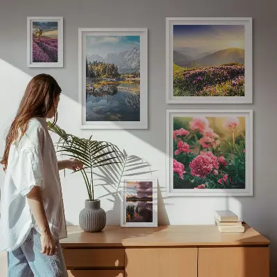 Modernes Wandbilder-Set mit Motiven aus Landschaften, Natur, Blumen und Bergen