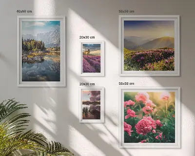 Modernes Wandbilder-Set mit Motiven aus Landschaften, Natur, Blumen und Bergen