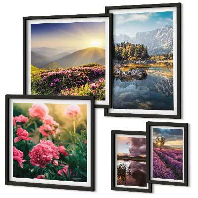 Modernes Wandbilder-Set mit Motiven aus Landschaften, Natur, Blumen und Bergen