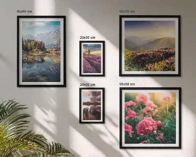 Modernes Wandbilder-Set mit Motiven aus Landschaften, Natur, Blumen und Bergen