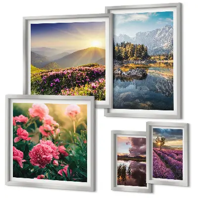 Modernes Wandbilder-Set mit Motiven aus Landschaften, Natur, Blumen und Bergen