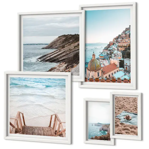 Modernes Wandbilder-Set mit Motiven von italienischen Städten, Stränden und Entspannung