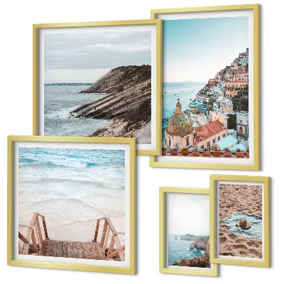 Modernes Wandbilder-Set mit Motiven von italienischen Städten, Stränden und Entspannung