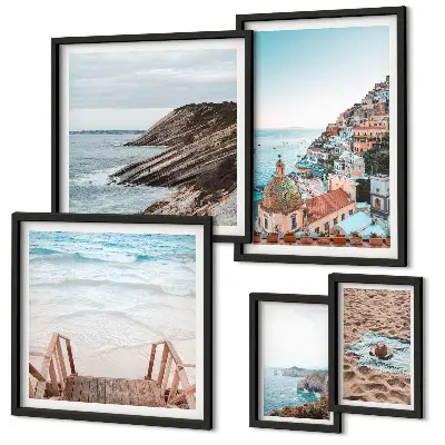Modernes Wandbilder-Set mit Motiven von italienischen Städten, Stränden und Entspannung