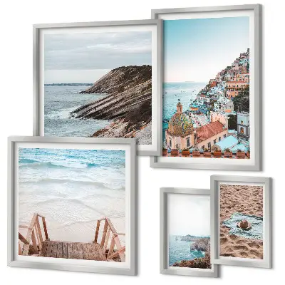 Modernes Wandbilder-Set mit Motiven von italienischen Städten, Stränden und Entspannung