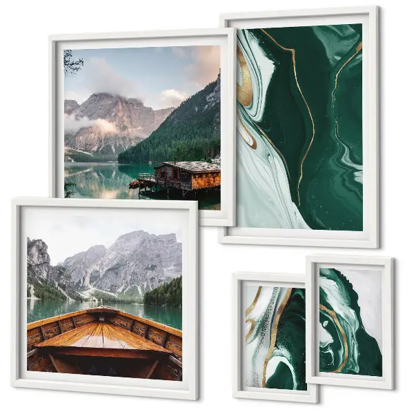 Modernes Wandbilder-Set mit grünen Landschaften, Wasser und Bergen