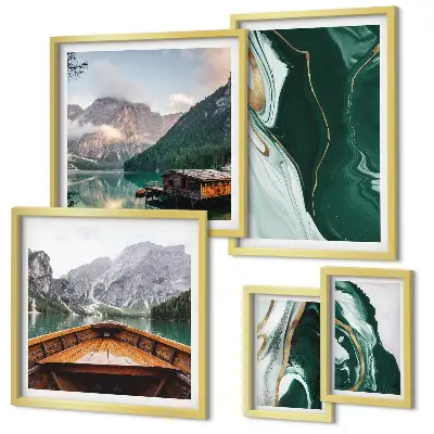 Modernes Wandbilder-Set mit grünen Landschaften, Wasser und Bergen