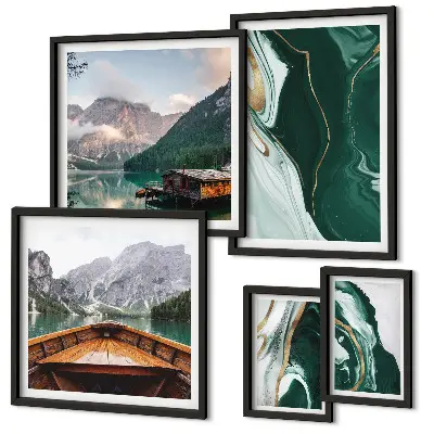 Modernes Wandbilder-Set mit grünen Landschaften, Wasser und Bergen