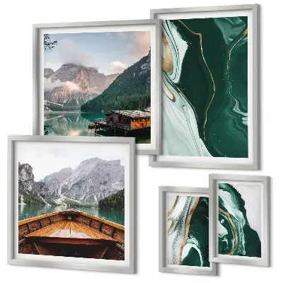 Modernes Wandbilder-Set mit grünen Landschaften, Wasser und Bergen