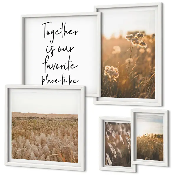 Modernes Wandbilder-Set mit Motiven aus Naturlandschaften Blumen und Sprüchen
