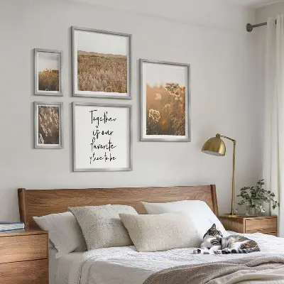 Modernes Wandbilder-Set mit Motiven aus Naturlandschaften Blumen und Sprüchen