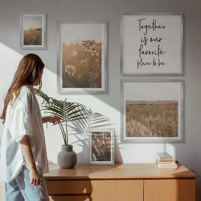 Modernes Wandbilder-Set mit Motiven aus Naturlandschaften Blumen und Sprüchen