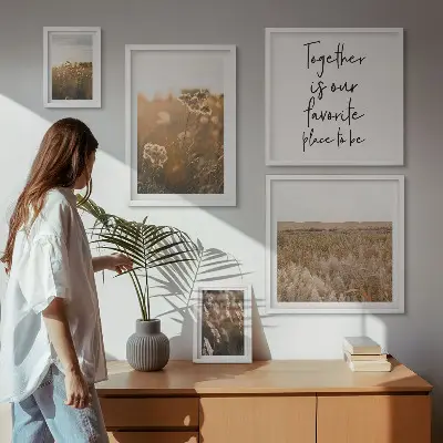 Modernes Wandbilder-Set mit Motiven aus Naturlandschaften Blumen und Sprüchen