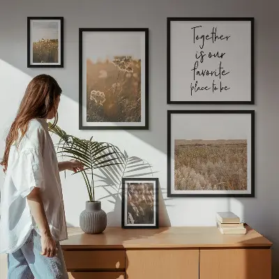 Modernes Wandbilder-Set mit Motiven aus Naturlandschaften Blumen und Sprüchen