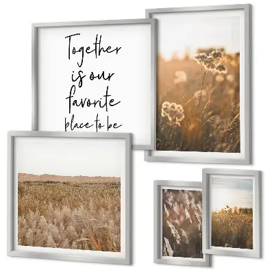 Modernes Wandbilder-Set mit Motiven aus Naturlandschaften Blumen und Sprüchen
