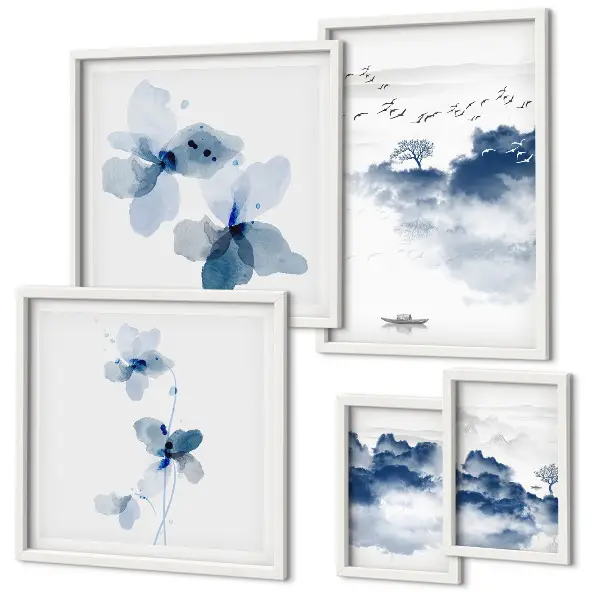 Modernes Wandbilder-Set mit Motiven von Landschaften Blumen Wasser und Frieden