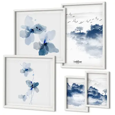 Modernes Wandbilder-Set mit Motiven von Landschaften Blumen Wasser und Frieden