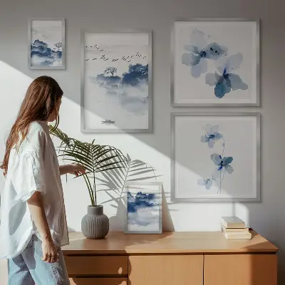 Modernes Wandbilder-Set mit Motiven von Landschaften Blumen Wasser und Frieden