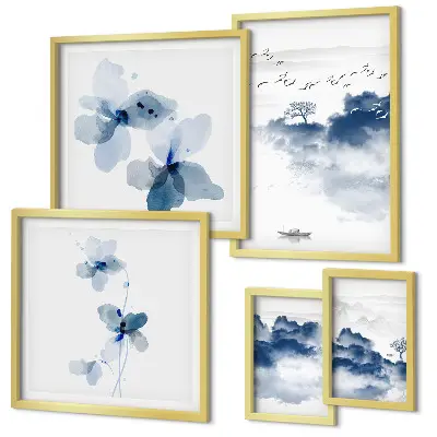 Modernes Wandbilder-Set mit Motiven von Landschaften Blumen Wasser und Frieden
