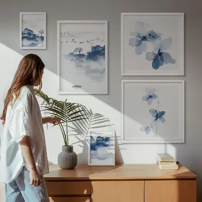 Modernes Wandbilder-Set mit Motiven von Landschaften Blumen Wasser und Frieden