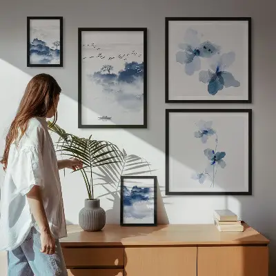 Modernes Wandbilder-Set mit Motiven von Landschaften Blumen Wasser und Frieden