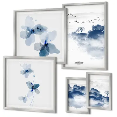Modernes Wandbilder-Set mit Motiven von Landschaften Blumen Wasser und Frieden