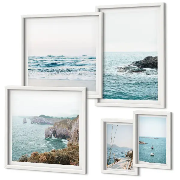 Wandbilder-Set fürs Sofa mit ruhigen Motiven von Meerblick, Stränden und Klippen