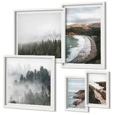 Modernes Wandbilder-Set mit Küstenlandschaften und Bergwäldern