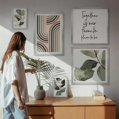 Modernes Wandbilder-Set mit stilvollen floralen und geometrischen Akzenten