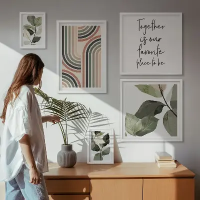 Modernes Wandbilder-Set mit stilvollen floralen und geometrischen Akzenten