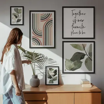 Modernes Wandbilder-Set mit stilvollen floralen und geometrischen Akzenten