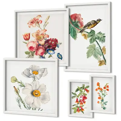 Wandbilder-Set mit Vintage-Motiven von Blumen und Vögeln