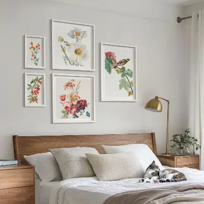 Wandbilder-Set mit Vintage-Motiven von Blumen und Vögeln