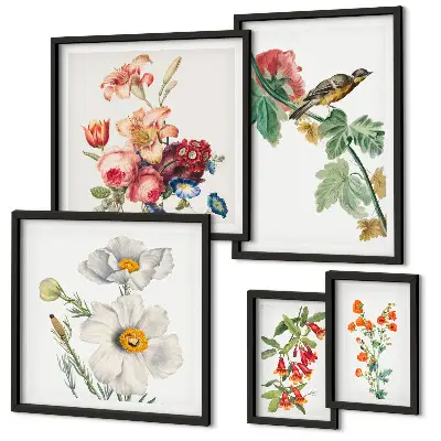 Wandbilder-Set mit Vintage-Motiven von Blumen und Vögeln