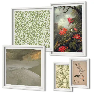 Modernes Wandbilder-Set mit Blumen, Vögeln und Naturmotiven