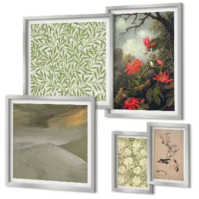 Modernes Wandbilder-Set mit Blumen, Vögeln und Naturmotiven