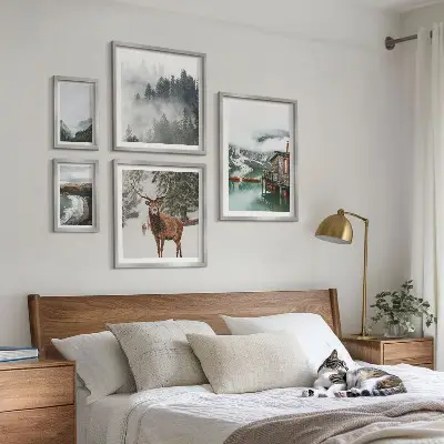 Modernes Wandbilder-Set mit Motiven von Natur, Tierwelt und Bergen